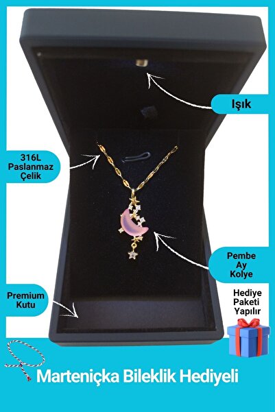 SeyCey.co قلادة القمر الوردي مع حجر الأوبال في صندوق مضاء فاخر | فولاذ 316 لتر - غير قابل للتشويه | هدية المرأة