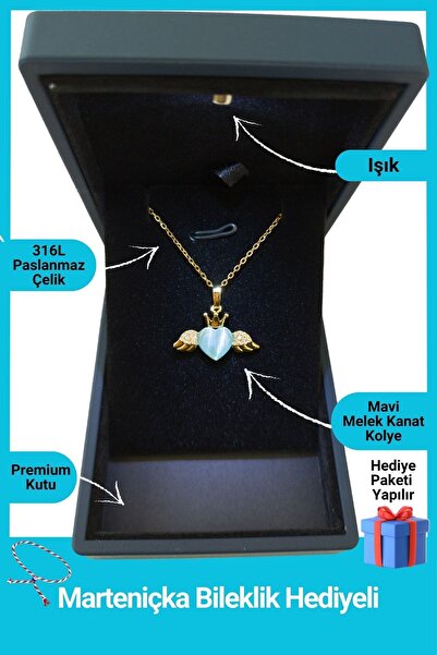 SeyCey.co Işıklı Premium Kutuda | Kanatlı Mavi Kalp Kolye | 14 Şubat Sevgilil...
