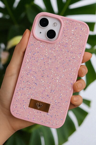 KVK PRİVACY iPhone 13 / 14 / 15 Uyumlu – Elmas Tasarımlı, Pembe Taşlı, Işıltı...