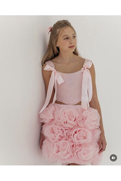 Laviella Kids Couture Kız Çocuk Pembe Renk Gül Dokulu İkili Takım