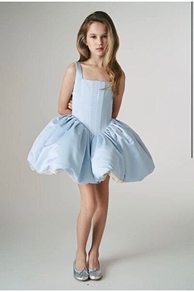 Laviella Kids Couture Kız Çocuk Mavi Renk Kare Yaka Balon Etekli Elbise