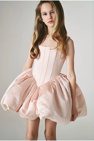 Laviella Kids Couture Kız Çocuk Pudra Renk Kare Yaka Balon Etekli Elbise