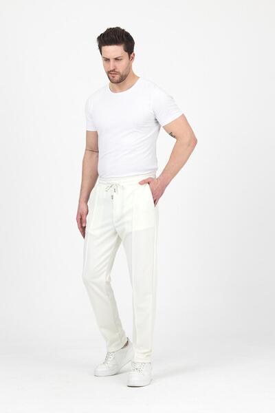 DAMGA JEANS Erkek Çizgili Bol Lastikli Klasik Beyaz Pantolon