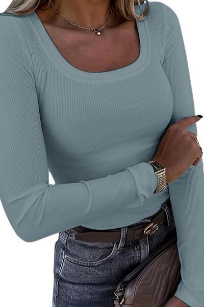 Mossta Round Neck Long Sleeve Camisole Blouse - Blue