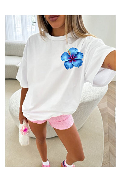 Tubinyoo تي شيرت أزرق كبير الحجم للجنسين بنقشة الكركديه