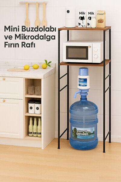 WANDOO Metal Çerçeveli Ahşap Raf Ünitesi (2 Katlı) Su Sebili , Mini buzdolabı üzerine Fırınlı Mutfak Rafı