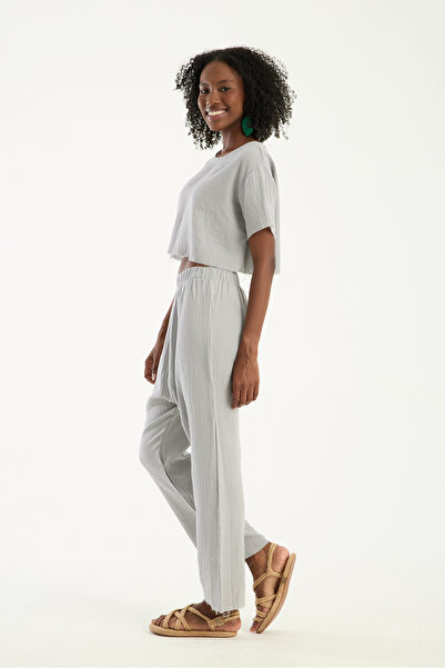 be you Gri Müslin %100 Pamuk Şalvar Pantolon Kadın Günlük Bohem Tarz Rahat