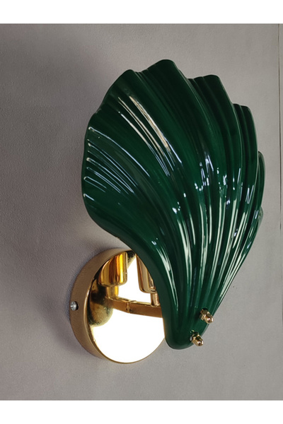 NOONLUX DESIGN&LIGHTING Shell İstiridye Nefti Yeşili Gold Kaplama Detay Cam Aplik Antre Salon Oturma odası Banyo Yatak