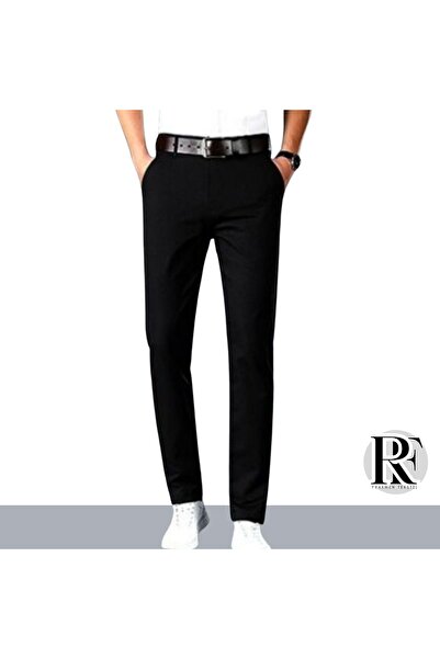Genel Markalar Siyah Erkek Regular Fit Pamuklu Esnek Keten Pantolon 4 Mevsim
