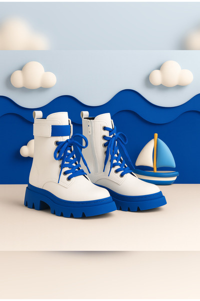 Zilvana Blue White Warm Lined Chunky Non-Slip Comfortable Sole Children's Winter Boots Durable Comfortable