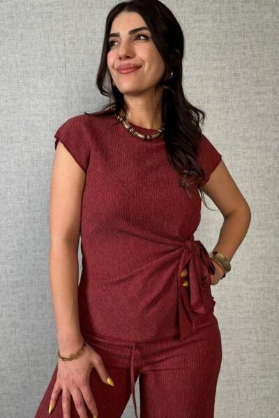 Mossta Short Sleeve Tie-Waist Double Set - Burgundy