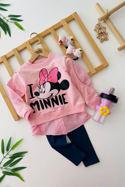 Minigimin Cicileri My Little Girl's Ciciles I Mnn Printed Sleeve Detailed Girl's 2-Piece Set - Pink