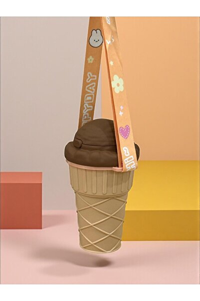 SANALTİCARETİM 500 ml Brown Flask with Ice Cream Shaped Straw