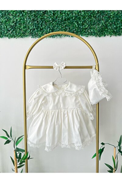 Hobidik Bebe Yaka Kırık Beyaz Güpür Dantel Saten Elbise Set