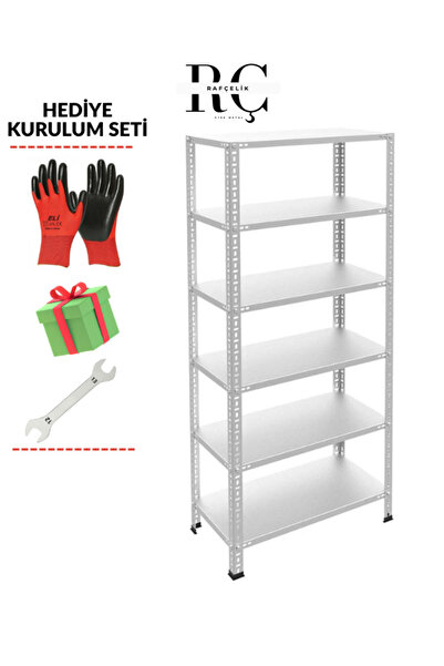RAF CELİK 6 Katlı Galvaniz Çelik Raf - Depo, Arşiv, Kiler, Dosya, Market Rafı Hediye Setli
