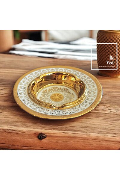 77 Tominay 77-3 Yuvarlak Gold Lüks seramik Küllü, Vintage Çiçek Desenli Külta...