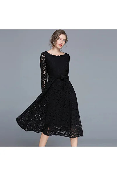 Generic Women's Evening Dress Lace Long Sleeve A-line Knee-length Maxi Dress, Banquet Party Dress