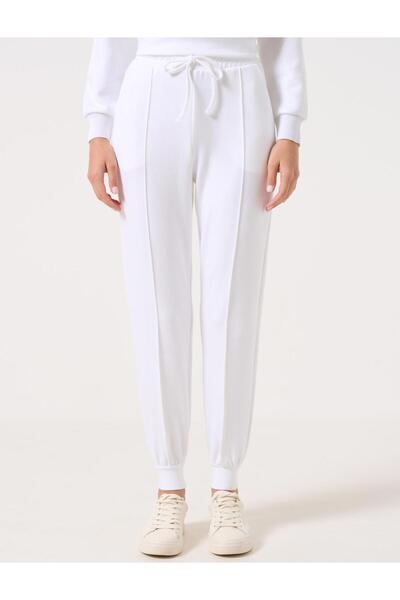 Jimmy Key Beyaz Yüksek Bel Beli Bağlamalı Ribanalı Jogger Pantolon