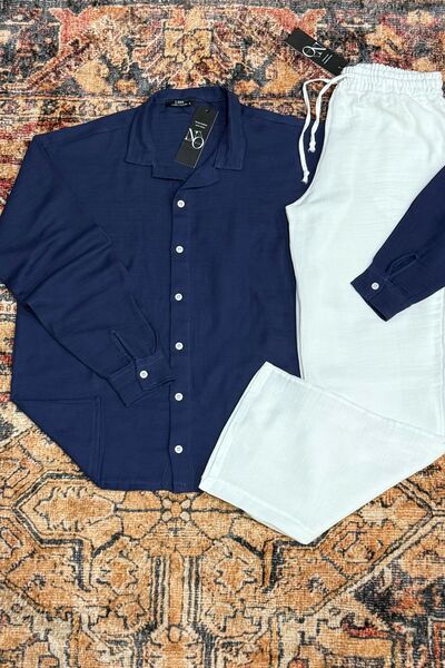 NO 601 Baby Boy Blue Muslin Shirt & White Muslin Linen Pants Set