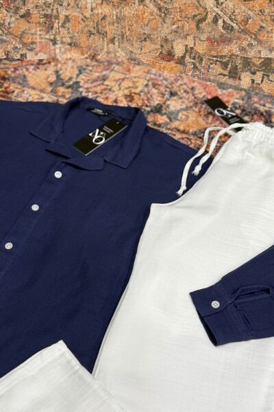 NO 601 Baby Boy Blue Muslin Shirt & White Muslin Linen Pants Set