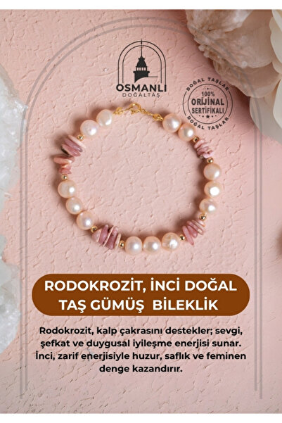 OSMANLI DOĞAL TAŞ Sertifikalı Rodokrozit, İnci Doğal Taş Gümüş Bileklik