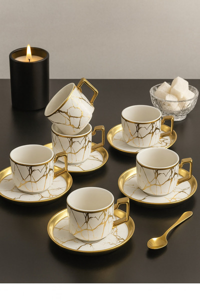 YzHome 6 Kişilik Porselen Yaldızlı Kahve Fincan Takımı Seti Beyaz Mermer Desenli