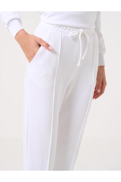 Jimmy Key Beyaz Yüksek Bel Beli Bağlamalı Ribanalı Jogger Pantolon