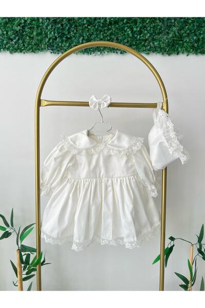 Hobidik Bebe Yaka Kırık Beyaz Güpür Dantel Saten Elbise Set