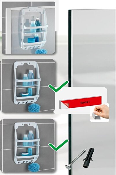 Saban Banyo Rafı Duvara Monte Plastik 3 Katlı Raf Organizer – Askılıklı, Beyaz