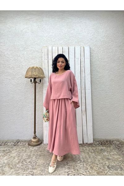 KÜÇÜĞÜM BUTİK Powder Muslin Loose Blouse and Flared Skirt Set (Set of 2)