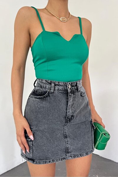 lovebox Women's Knitted Crepe Fabric Strappy Green Blouse 5076