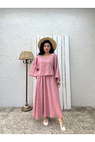 KÜÇÜĞÜM BUTİK Dusty Rose Embroidered Muslin Loose Blouse and Flared Skirt Set (2 Piece Set with Embroidered)