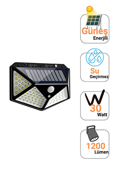 Ema Dükkan 100 LED’li Solar Duvar Apliği 30W 1200 Lümen IP65 Hareket Sensörlü...