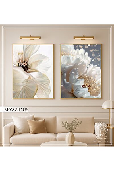 Tablomtr Beyaz Düş - Dijital Baskılı Gold Metal Çerçeveli Gerçek Camlı 2'li Dekoratif Tablo