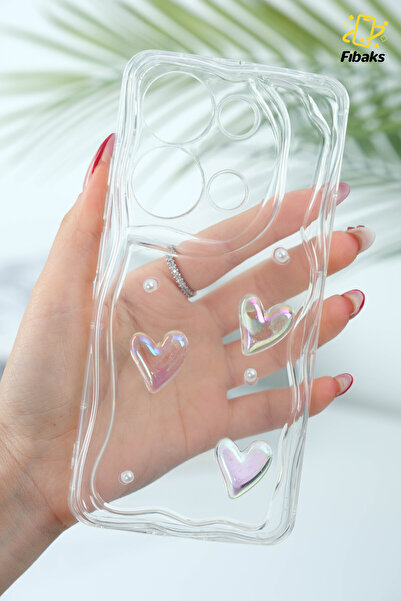 Fibaks Xiaomi Redmi Note 13 Pro 4G Kılıf 3D Kalpli İnci Tasarımlı Desenli Kamera Korumalı Silikon Kapak