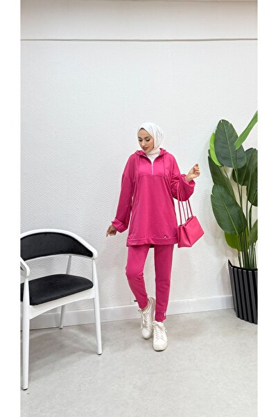 BURCU TESETTÜR Set de trening cu glugă cu fermoar Neon TRN2040-1 Fuchsia