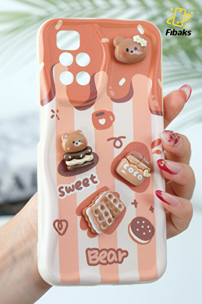 Fibaks Redmi 10 2022 Kılıf Tasarımlı Desenli Kamera Korumalı Ayıcık Bisküvi Renkli Cofffe Silikon Kapak