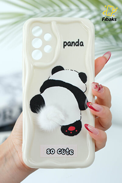 Fibaks Galaxy A32 Uyumlu Kılıf Tasarımlı Desenli Kamera Korumalı Panda Beyaz Püsküllü Silikon Kapak