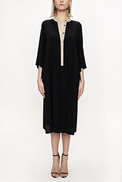 SOCIETA Siyah Bej Kontrast kumaş detaylı bol kesim elbise 94121