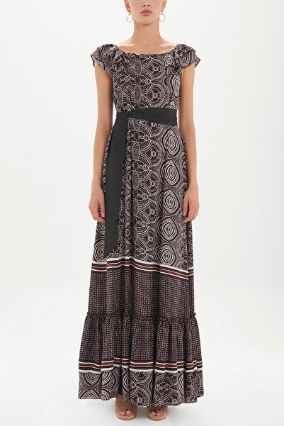 SOCIETA Bordo Omuzları fırfırlı uzun elbise 92390