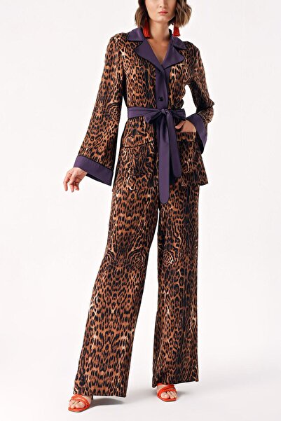 SOCIETA Leopard-Mor Beli lastik kemer pantolonlu ikili takım 12314