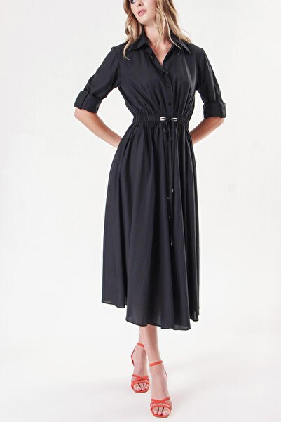 SOCIETA Black Elasticated Waist Shirt Dress with Snap Details 94218