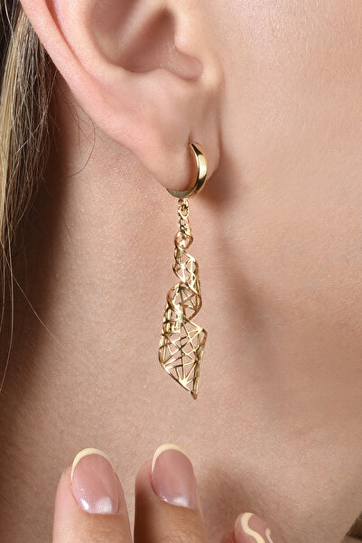 Nox Jewelry 925 Ayar Gümüş Altın Kaplama Geometrik 3D Tasarım Sallantılı Halka Küpe - E00296