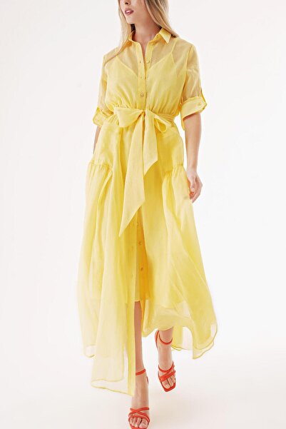 SOCIETA Yellow Elastic Waist Long Shirt Dress 94498