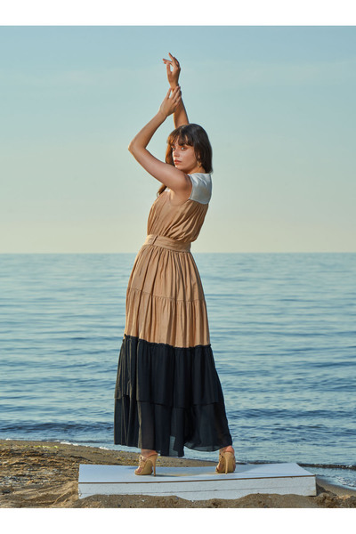 SOCIETA Bej Kolsuz büzgülü keten elbise 93541