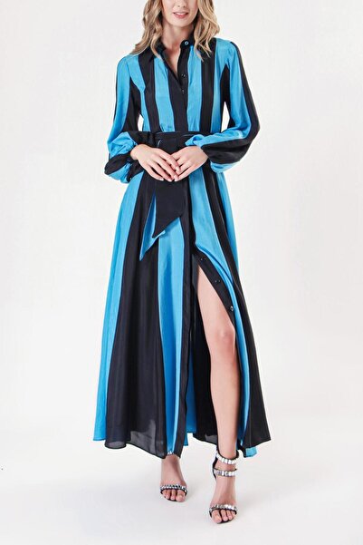 SOCIETA Siyah Mavi Kontrast renkli gömlek elbise 94302