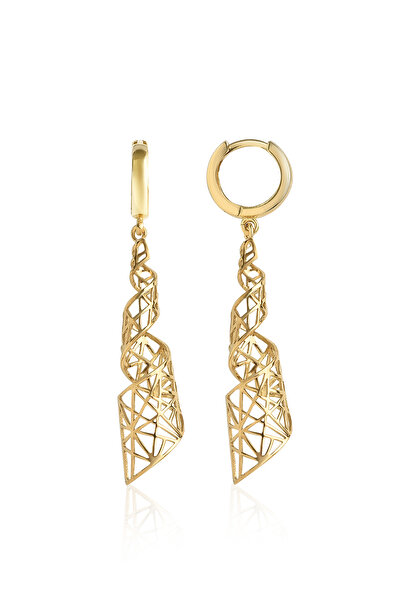 Nox Jewelry 925 Ayar Gümüş Altın Kaplama Geometrik 3D Tasarım Sallantılı Halka Küpe - E00296