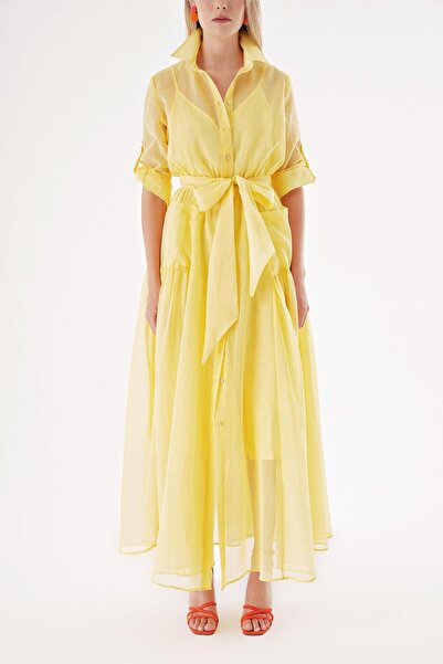 SOCIETA Yellow Elastic Waist Long Shirt Dress 94498