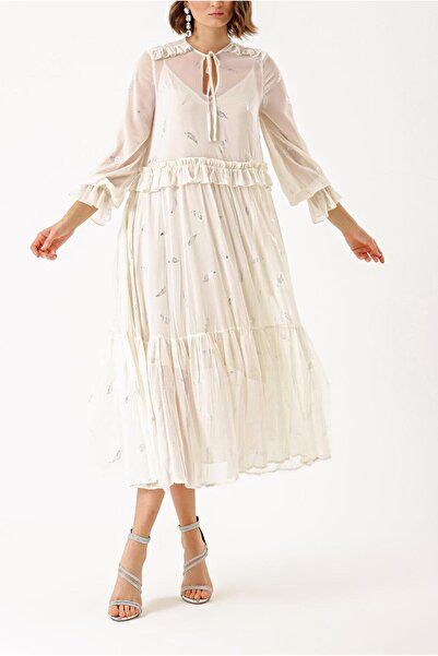 SOCIETA Ekru Valon detaylı bol kesim elbise 93936