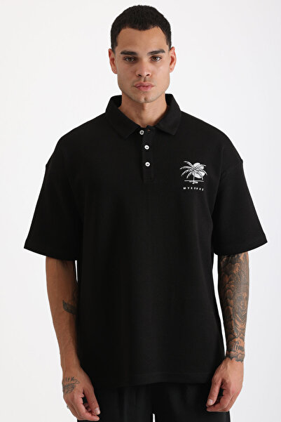 EGHO Chest Mykonos Embroidery Detailed Double Pique Fabric Loose Fit Men's Polo Neck T-Shirt